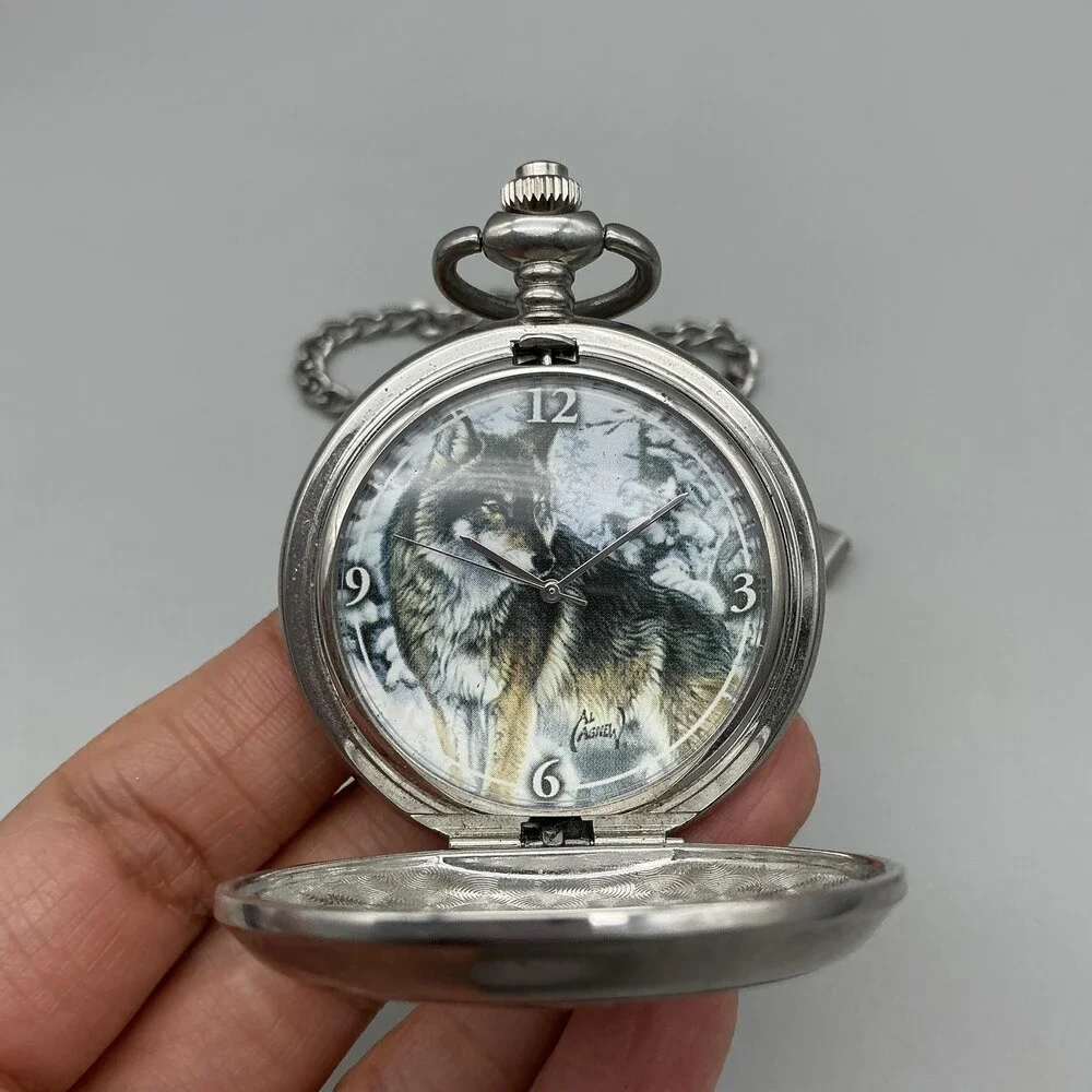 Al Agnew Pocket Watch Men 47mm Silver Tone Wolf Full Hunter Chain Analog